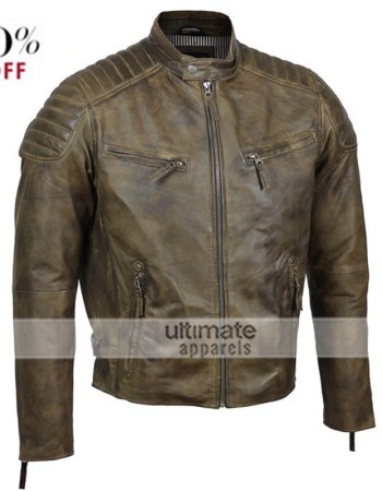 Mens Slim Fit Antique Washed Brown Urban Retro Biker Jacket