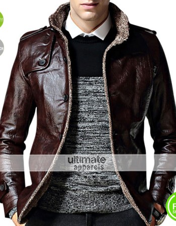 Strap Pocket Dark Brown Shearling Leather Jacket