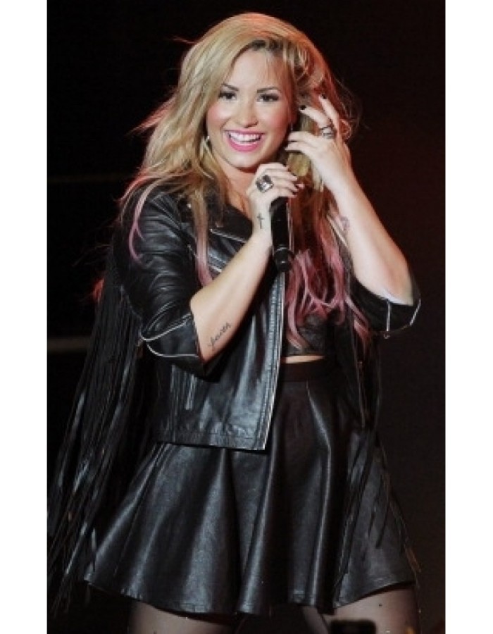 Demi Lovato Fringe Black Biker Moto Leather Jacket