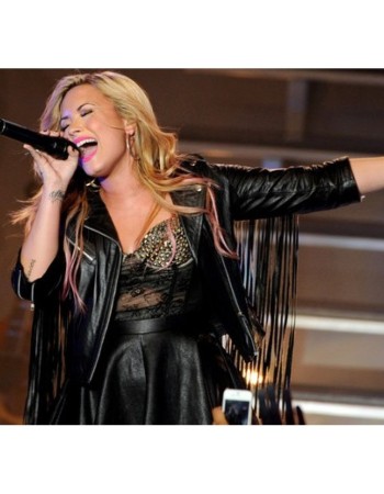 Demi Lovato Fringe Black Biker Moto Leather Jacket