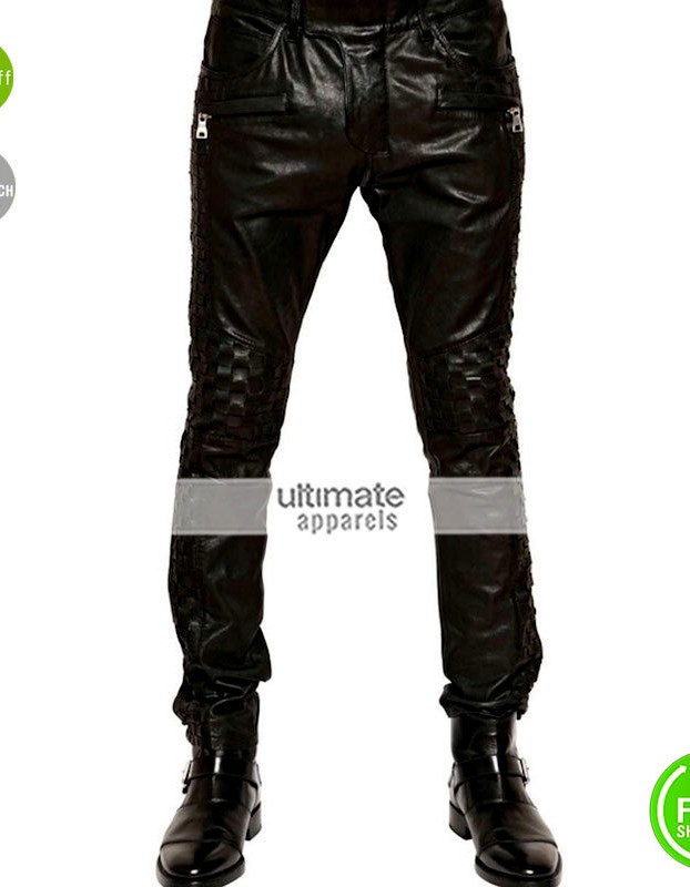 Balmain Woven Black Leather Pant For Men 