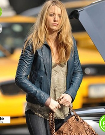 Blake Lively Blue Slimfit Leather Jacket