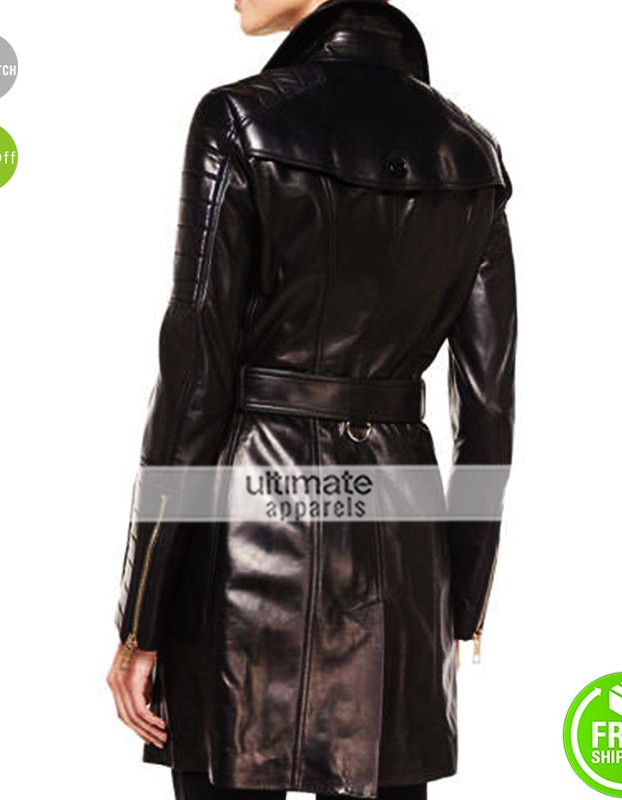 Burberry London Double Breasted Black Leather Trench Coat