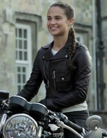 Alicia Vikander Tomb Raider Lara Croft Brando Biker Black Leather Jacket