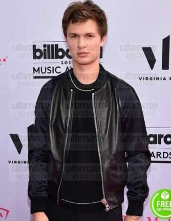 ANSEL ELGORT VARSITY BLACK BOMBER LEATHER JACKET