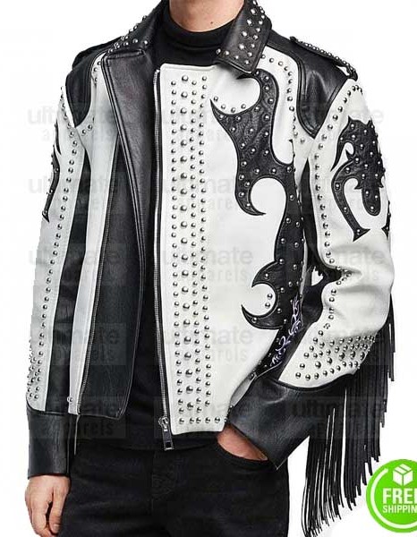 ASYMMETRICAL SILVER STUDDED FRINGE LEATHER JACKET