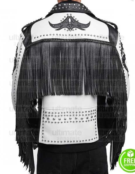 ASYMMETRICAL SILVER STUDDED FRINGE LEATHER JACKET