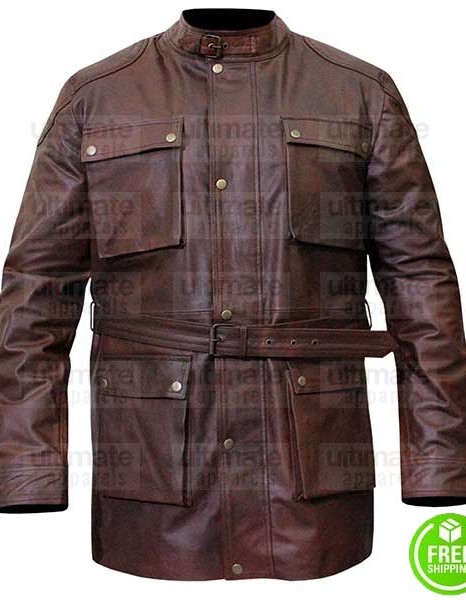 MENS BELTED BROWN DISTRESSED LEATHER JACKET