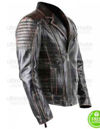 MEN'S BRANDO STYLE BLACK DISTRESSED BIKER LEATHER JACKET