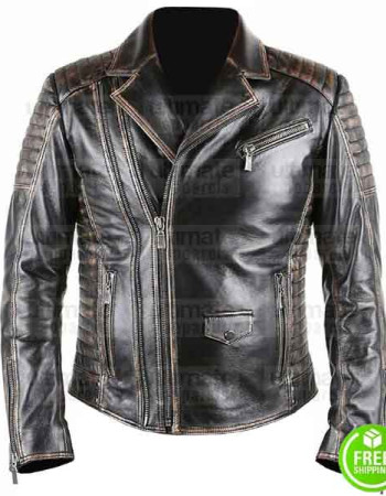 MEN'S BRANDO STYLE BLACK DISTRESSED BIKER LEATHER JACKET