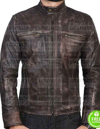 BROWN DISTRESSED LEATHER MOTORCYCLE JACKET
