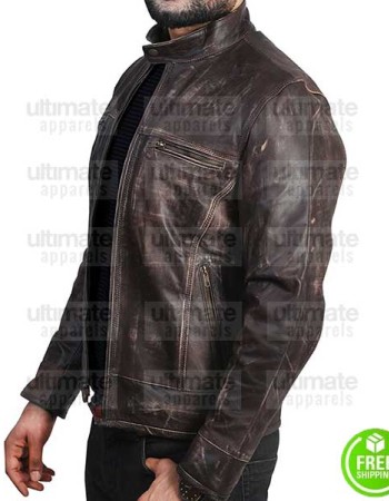 BROWN DISTRESSED LEATHER MOTORCYCLE JACKET