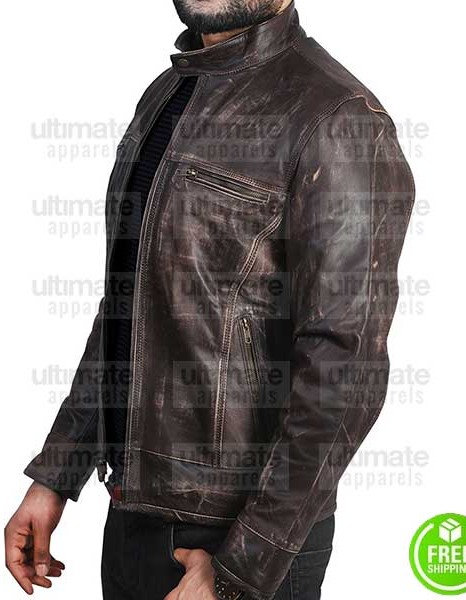 BROWN DISTRESSED LEATHER MOTORCYCLE JACKET