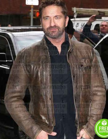 GERARD BUTLER BROWN DISTRESSED LEATHER JACKET