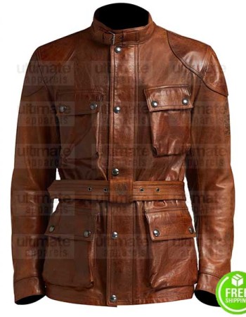 LONG BROWN LEATHER WITH BELT JACKET