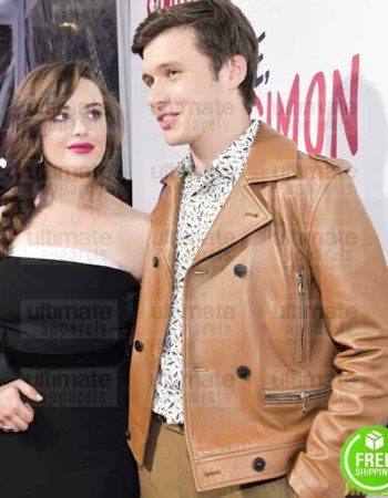 LOVE, SIMON PREMIERE NICK ROBINSON (SIMON) BROWN BIKER LEATHER JACKET