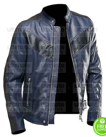 CAFE RACER NAVY BLUE LEATHER MOTORCYCLE JACKET