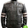 MEN'S RETRO GREY STRIPES BLACK LEATHER JACKET