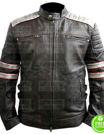 MEN'S RETRO GREY STRIPES BLACK LEATHER JACKET