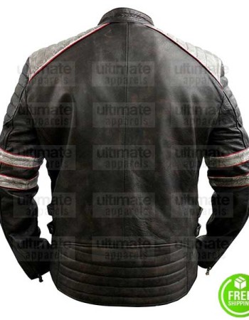 MEN'S RETRO GREY STRIPES BLACK LEATHER JACKET
