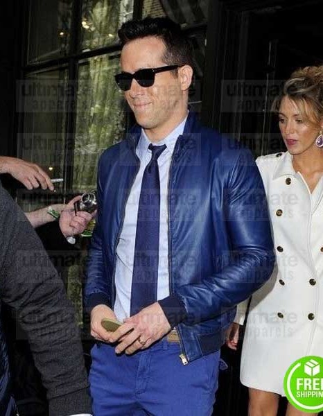 RYAN REYNOLDS BLUE BOMBER LEATHER JACKET