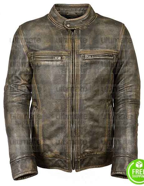 MEN'S CAFE RACER TRIPLE STITCHED GREEN DISTRESSED LEATHER JACKET