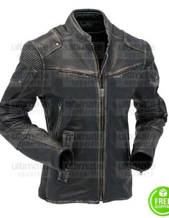 MEN'S CAFE RACER VINTAGE  BLACK DISTRESSED MOTO LEATHER JACKET