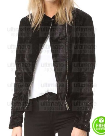 LACEY BLACK SLIM-FIT BIKER VELVET JACKET 