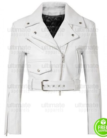 LADIES WHITE CROPPED LEATHER JACKET