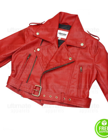 BEBE REXHA RED CROPPED BIKER LEATHER JACKET