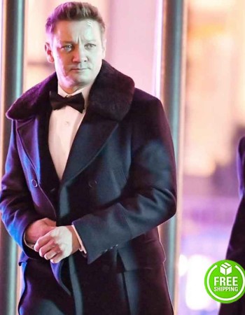 HAWKEYE JEREMY RENNER (CLINT BARTON) FUR COLLAR BLACK WOOL TRENCH COAT