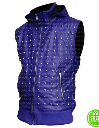 JUSTIN BIEBER STUDDED BLUE VEST WITH HOODIE