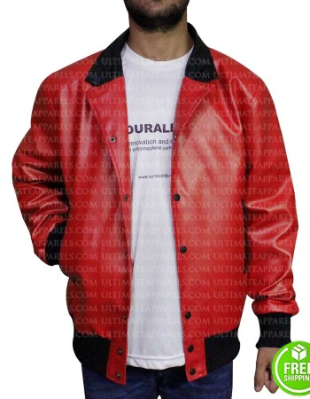 NICK JONAS RED BOMBER LEATHER JACKET