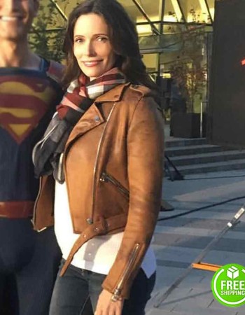 SUPERMAN AND LOIS ELIZABETH TULLOCH (LOIS LANE) BROWN BIKER LEATHER JACKET