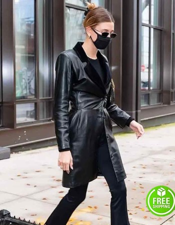 HAILEY BIEBER BLACK LEATHER TRENCH COAT