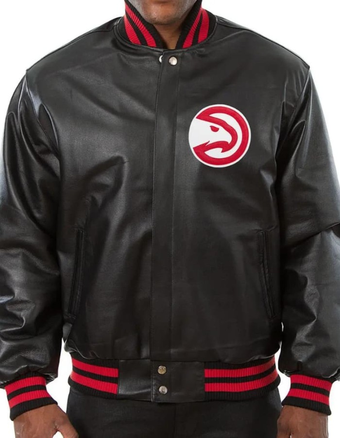 Atlanta Hawks Black Leather Varsity Bomber Jacket