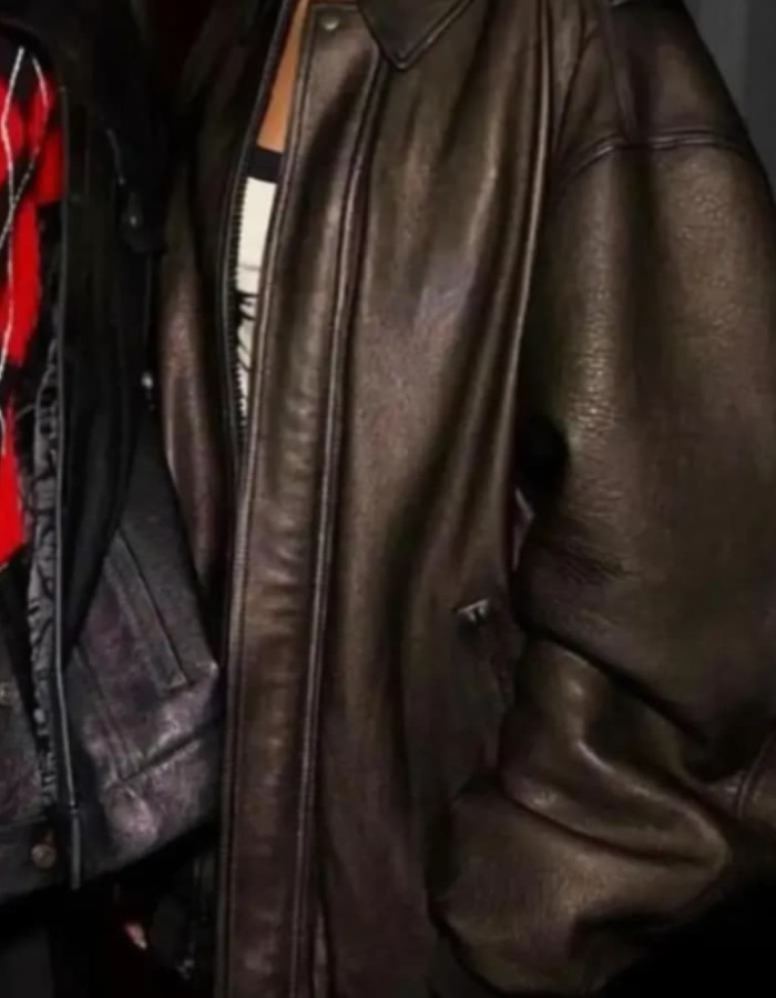 Hailey Bieber Oversized Brown Leather Jacket