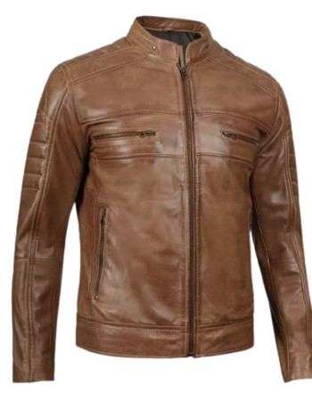 Cafe Racer Camel Waxed Padded Leather Jacket