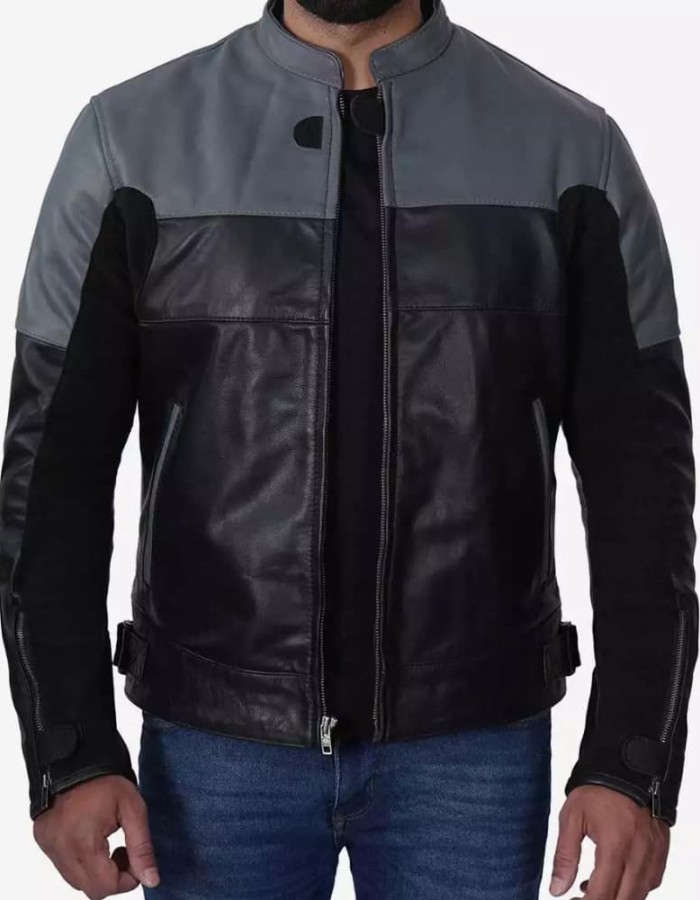 Men's Grey and Black Cafe Racer Leather Jacket