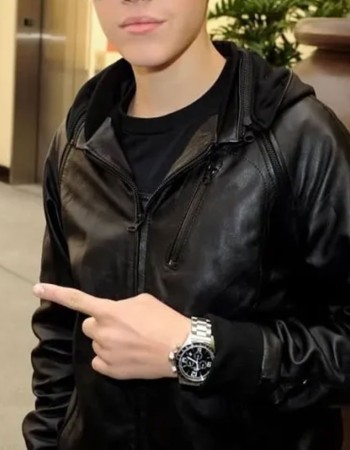 Justin Bieber Black Hooded Bomber Leather Jacket