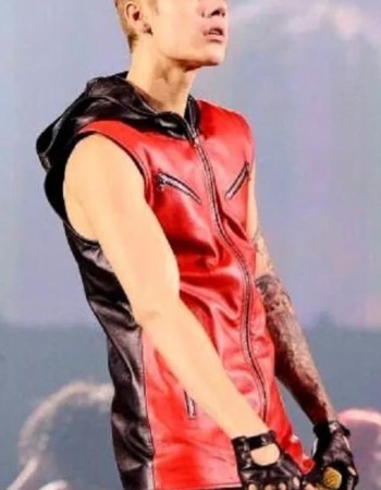 Justin Bieber Red Hooded Leather Vest