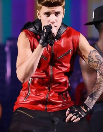 Justin Bieber Red Hooded Leather Vest