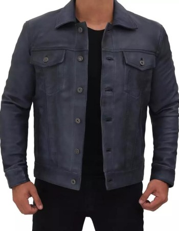 Mens Grayish Blue Trucker Leather Jacket