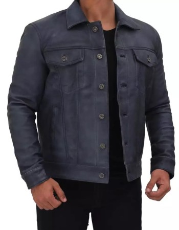 Mens Grayish Blue Trucker Leather Jacket