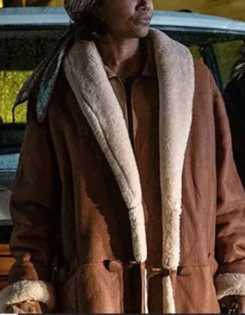 Patina Miller Power Book III Raquel Thomas Brown Shearling Leather Coat