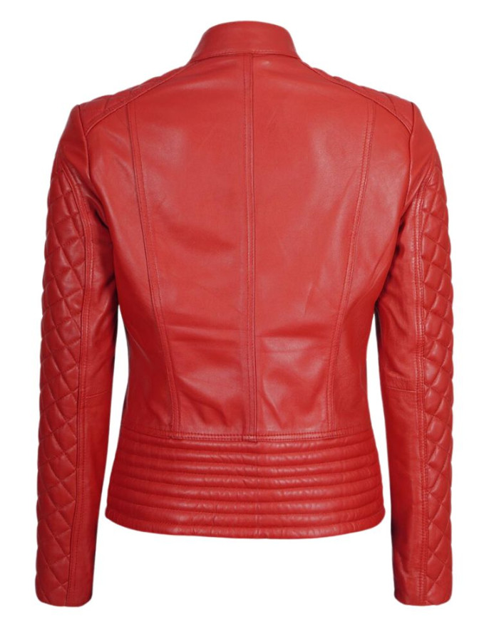Andria Womens Red Quilted Biker Leather Jacket