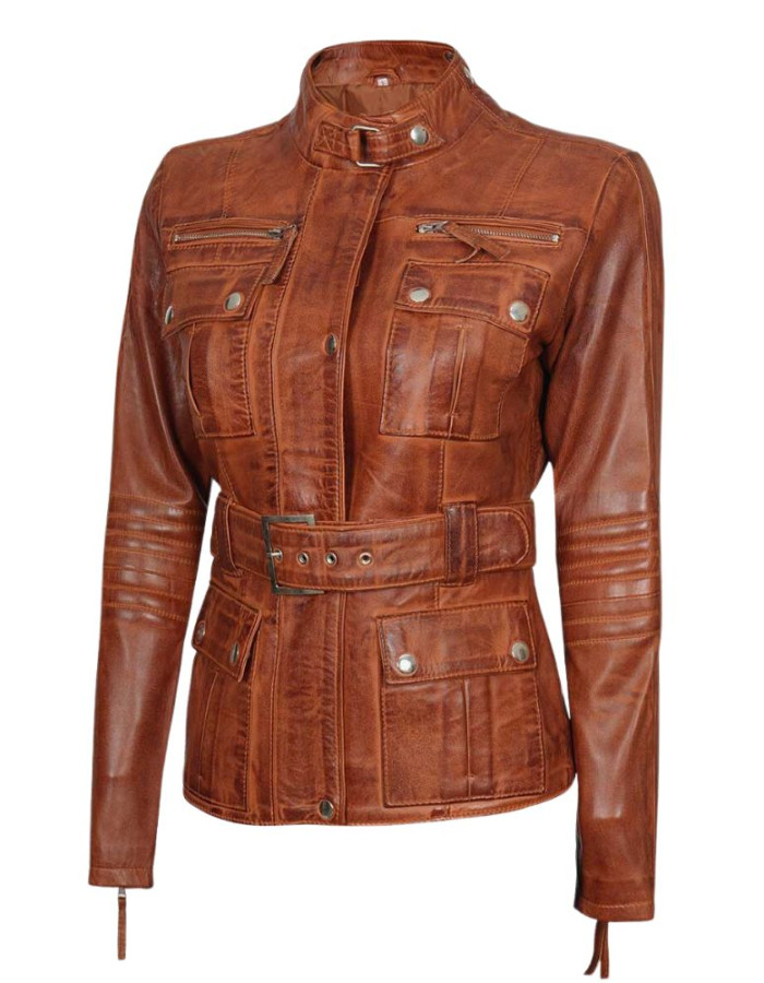 Carolyn Women's Belted Cognac Waxed Leather Jacket