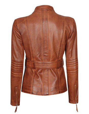 Carolyn Women's Belted Cognac Waxed Leather Jacket