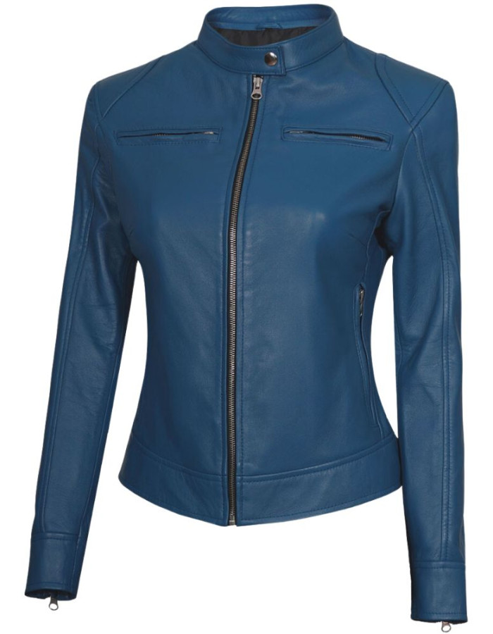 Dodge Womens Blue Cafe Racer Leather Jacket