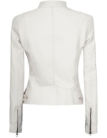 Dodge Womens White Slim Fit Cafe Racer Leather Jacket
